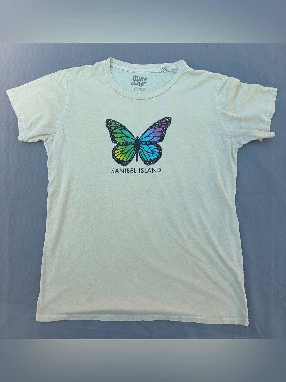 Blue 84 White Tee with Rainbow Butterfly Sanibel Island Graphic